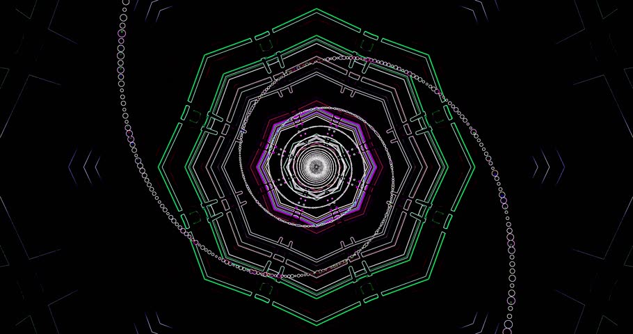 An AI-generated illustration of radiant tunnel mandala outlined with glowing green and purple symmetry