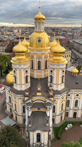 Aerial scenic view of Cathedral of the Vladimir Icon of the Mother of God and city streets in Saint-Petersburg, Russia