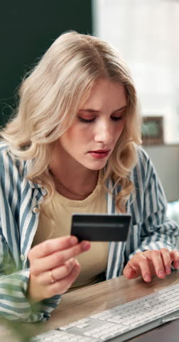 Home, credit card and woman with pc, confused or online shopping with transactions. Phishing scam, fintech or person with glitch, banking and savings with investment, purchase or fraud with error