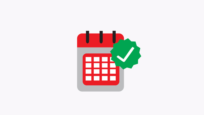 Red calendar icon with a green checkmark for scheduling, events, organizing, planning, deadlines, appointments, time management concepts in designs.
