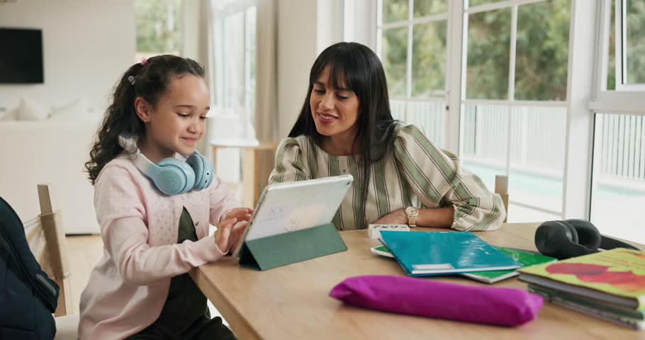 Tablet, student and mother with daughter in house for elearning, submit assignment and tutor. Homeschool portal, online study forum and teaching with woman and girl in family home for knowledge