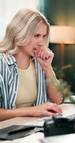 Remote work, breathe and woman with asthma pump for allergic reaction, chest pain and health. Home, medical condition and person with medicine for tightness, lung problem and shortness of breath