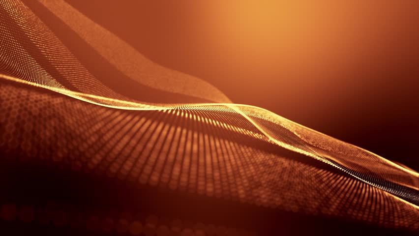 Seamless loop of golden particles creating a dynamic wave pattern. Use this visually striking footage to enhance your motion graphics and visual effects.