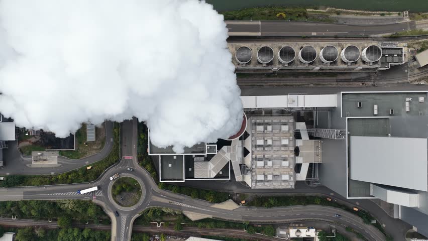 Coal fired power plant, top down aerial drone video. Smokestack, chimney.