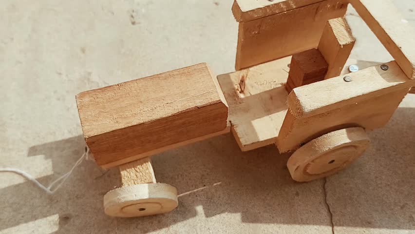 Handcrafted Wooden Toy Tractor And Trailer Folk Art Display