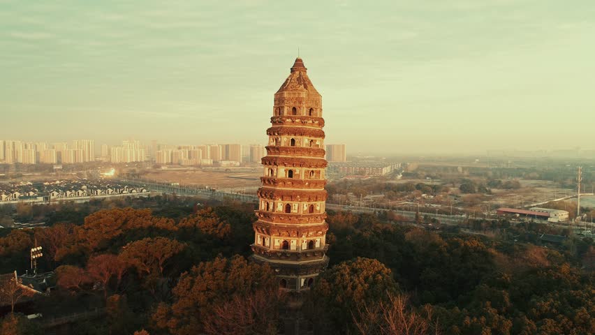 Aerial view of Tiger Hill Pagoda (Huqiu) in city of Suzhou in Jiangsu, China