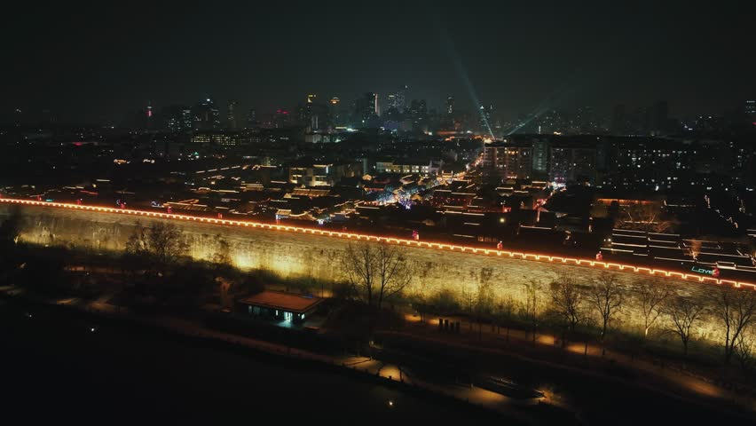 Aerial view of City Wall of Nanjing at night in Jiangsu, China