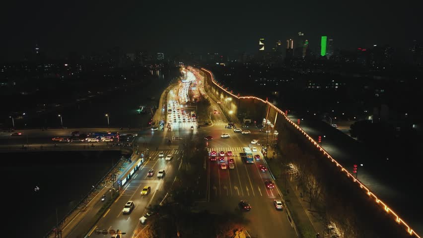 Aerial view of City Wall of Nanjing at night in Jiangsu, China