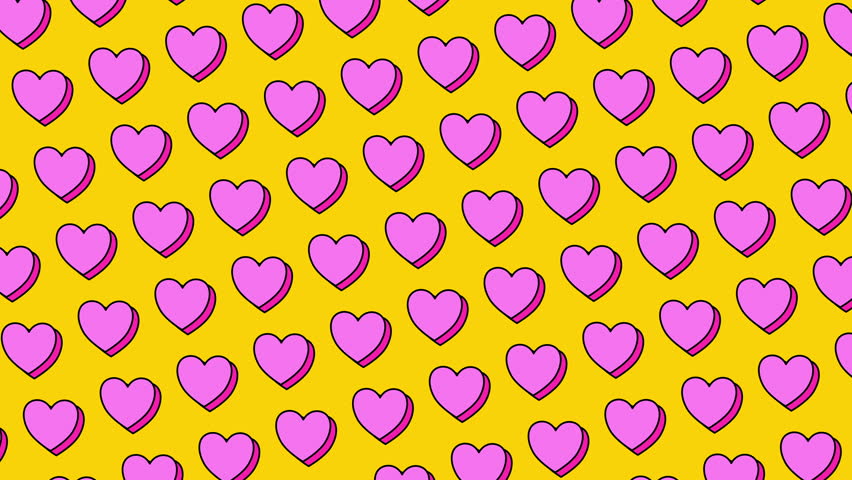 Pink heart pop art pattern on yellow background animation for valentine. Cute romantic animated pattern background with pink hearts on bright yellow backdrop with orbit transition. 4K Video
