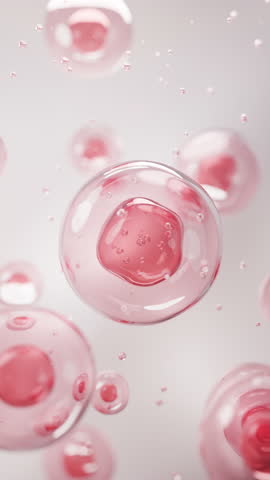Floating transparent cells with pink serum cores in a clean, glowing background. Ideal for skincare, peptide, anti-aging, or cosmetic science footage with a luxurious vertical feel.