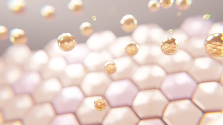 Gold particles floating above glowing skin cells. A luxury skincare animation perfect for cosmetic branding, facial treatment visuals, or premium beauty product advertising.