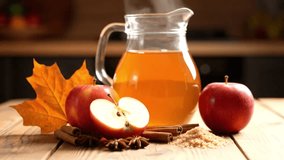 A glass pitcher filled with golden apple cider sits on a rustic wooden surface. Next to it are red apples, one halved, along with cinnamon sticks, star anise, and a small pile of brown sugar. - Powered by Shutterstock - Get 15% off with code: PIKWIZARD15