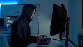 Professional cybersecurity engineer coding software to prevent scam and hacking attacks in dark cyber office at night, illustrating data protection, digital defense, and online security. - Powered by Shutterstock - Get 15% off with code: PIKWIZARD15
