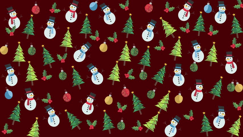 Festive Winter Seamless Pattern with Snowmen, Christmas Trees, Holly, and Baubles on Dark Red Background