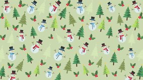 Seamless Christmas Holiday Pattern with Cute Snowmen, Evergreen Trees, and Holly Berries on a Light Green Background - Powered by Shutterstock - Get 15% off with code: PIKWIZARD15