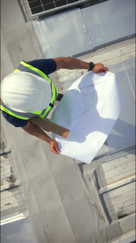 Drone, rooftop and people with solar panels, city and blueprint for property development or building. Outdoor, sustainability and colleagues with renewable energy, aerial view and civil engineering