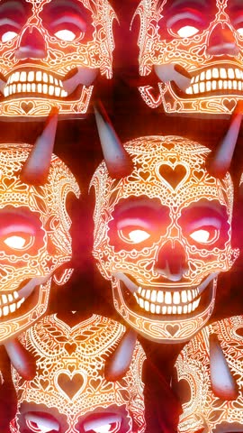 Seamless vertical video animation of glowing demon skulls. Funny halloween background