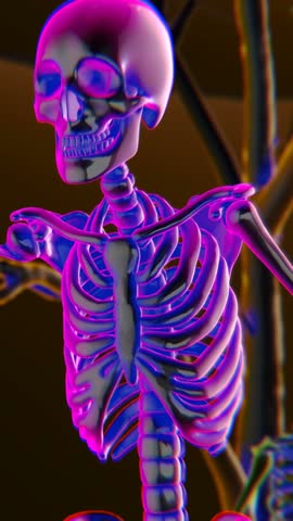 Seamless vertical video animation of a glass skeleton dancing in a cemetery disco. Funny halloween background for parties and events.
