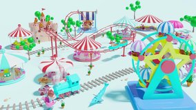  A vibrant 3D render of an amusement park from a high angle. Features a detailed scene with roller coasters, a Ferris wheel, carousel, castle towers, and a unicorn spring rider, all connected - Powered by Shutterstock - Get 15% off with code: PIKWIZARD15