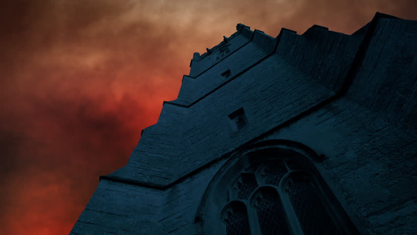 Medieval Tower With Fiery Sky Behind War Scene