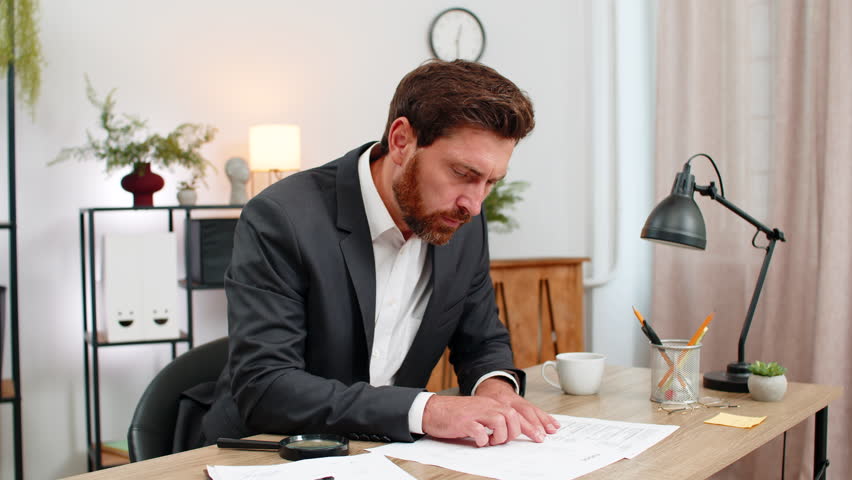 Middle-aged businessman at home office reads contract small text with magnifier finds error and shakes head no. Freelancer guy at table writes urgent fix on sticker and sets note for update this time.
