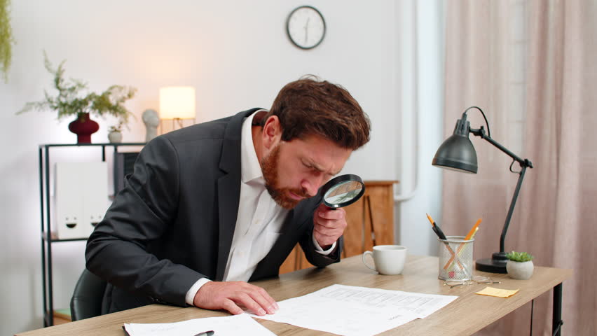 Middle-aged businessman at home office reads contract small text with magnifier finds error and shakes head no. Freelancer guy at table writes urgent fix on sticker and sets note for update this time.