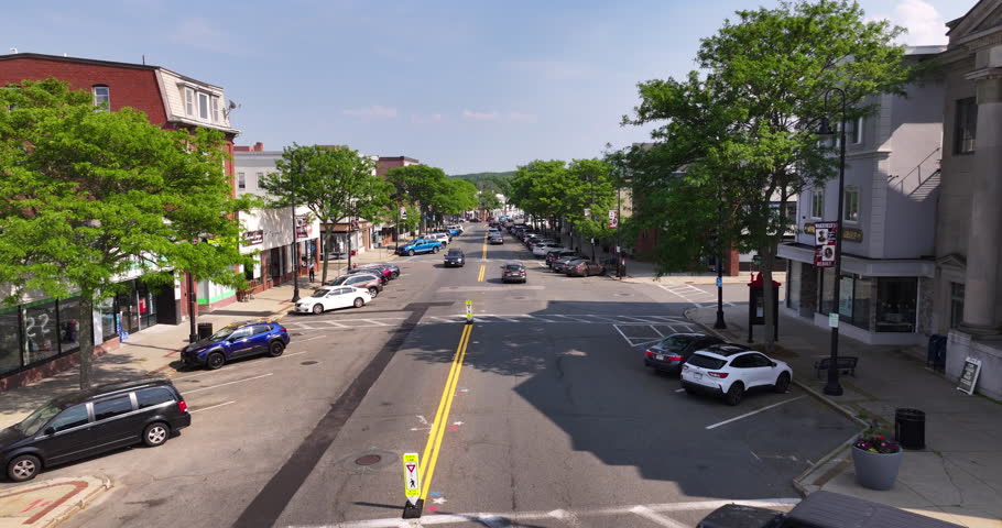 Aerial Fly-Through Down Main Street in Wakefield, Massachusetts