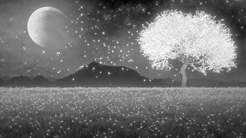 Ethereal grayscale night landscape featuring a solitary, luminous white tree, a textured moon, and a field of glowing flowers under a dramatic starry cosmos