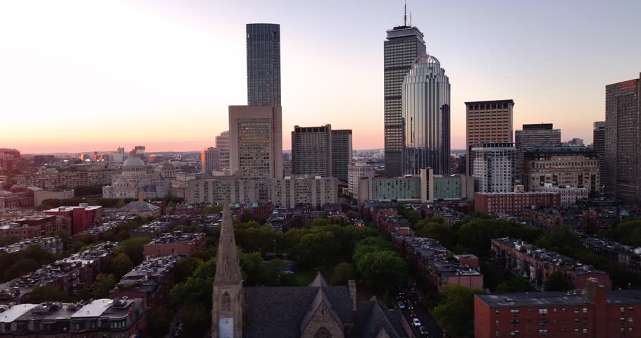 Aerial View of the Boston Skyline at Sunset From South End