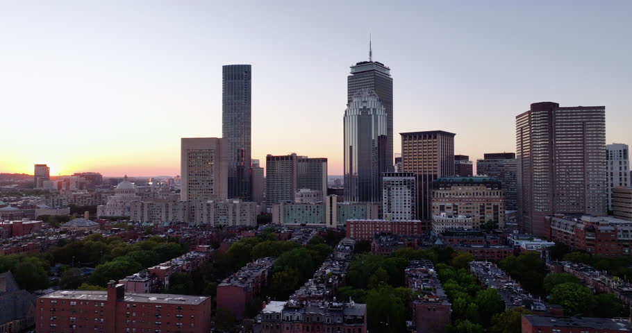 Sunset Aerial View of the Boston Skyline Over the South End Neighborhood