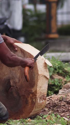 ​A worker in a cap uses a machete to trim a large, freshly cut tree trunk on the ground, showcasing traditional woodcutting skills.