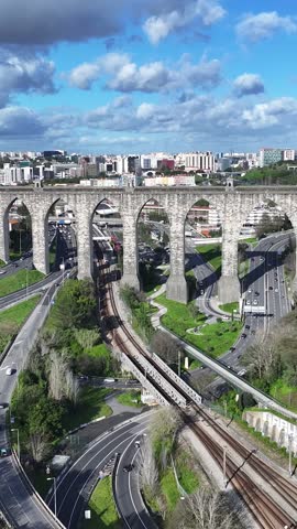 Aguas Livres Aqueduct At Lisbon In District Of Lisbon Portugal. Water System Aqueduct. Medieval Building. Aguas Livres Aqueduct At Lisbon In Portugal. Marvel Infrastructure. Railroad Landscape.