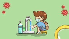 Animated covid awareness scene with telescope zoom on child washing hands at school sink - Powered by Shutterstock - Get 15% off with code: PIKWIZARD15