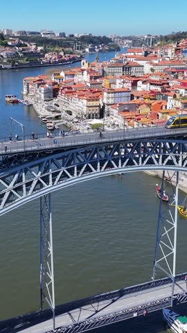 Luis I Bridge At Porto In Porto District Portugal. Downtown Cityscape. Railway Bridge. Railroad Scenery. Luis I Bridge At Porto In Portugal. Tourism Landmark.