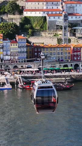 Cable Car At Porto In District Of Porto Portugal. Ribeira Pier District. Medieval Buildings. Historical City Scene. Cable Car At District Of Porto In Portugal. Douro River Landmarks.