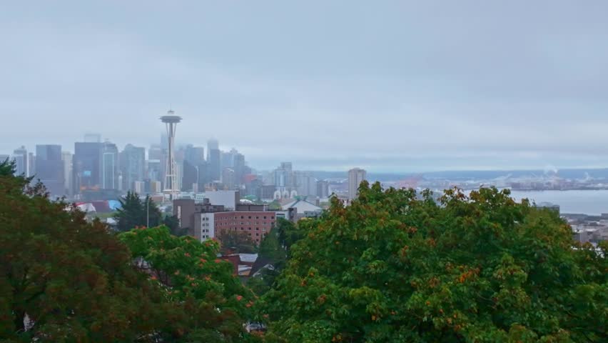 A dramatic aerial view of Seattle