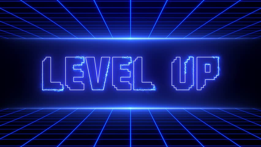 Level Up Neon Glowing Text Animation with Futuristic Blue Light Effects and Digital Grid Background, Retro 80s Style Game Interface Animation - Powered by Shutterstock - Get 15% off with code: PIKWIZARD15