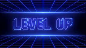 Level Up Neon Glowing Text Animation with Futuristic Blue Light Effects and Digital Grid Background, Retro 80s Style Game Interface Animation - Powered by Shutterstock - Get 15% off with code: PIKWIZARD15