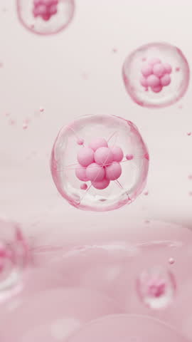 Advanced cosmetic technology concept showing exosome, stem cell, or micro collagen molecules floating above skin cells for regeneration. Pink 3d animation footage.