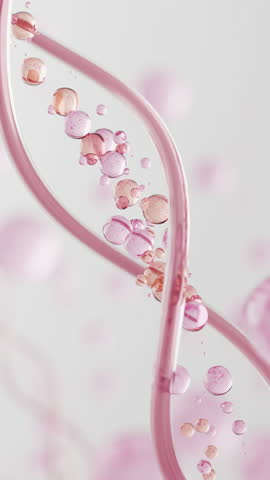 PDRN or Salmon DNA helix combined with collagen molecules for skin regeneration and anti aging. Orange and pink conceptual 3d animation footage.
