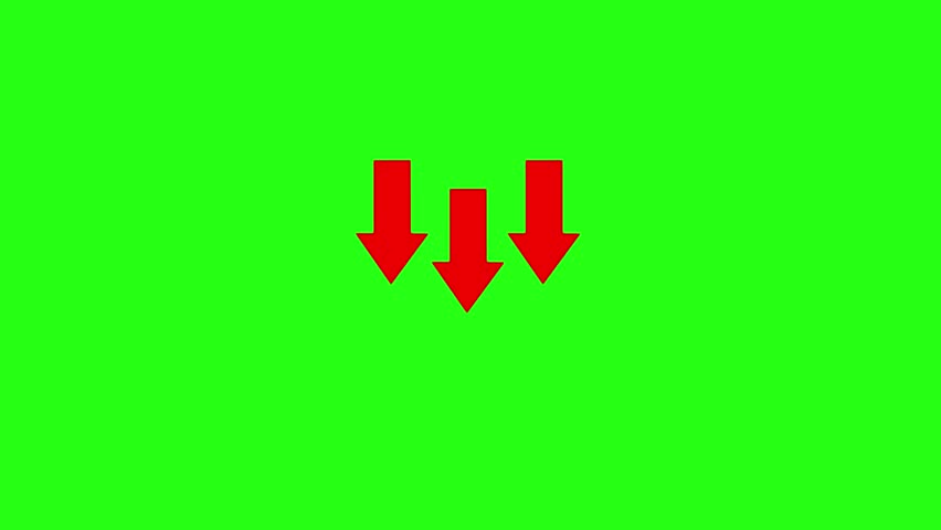 Three red arrows pointing down. Simple icon animation for download, direction, or pointing concepts. Seamless loop on a green screen background