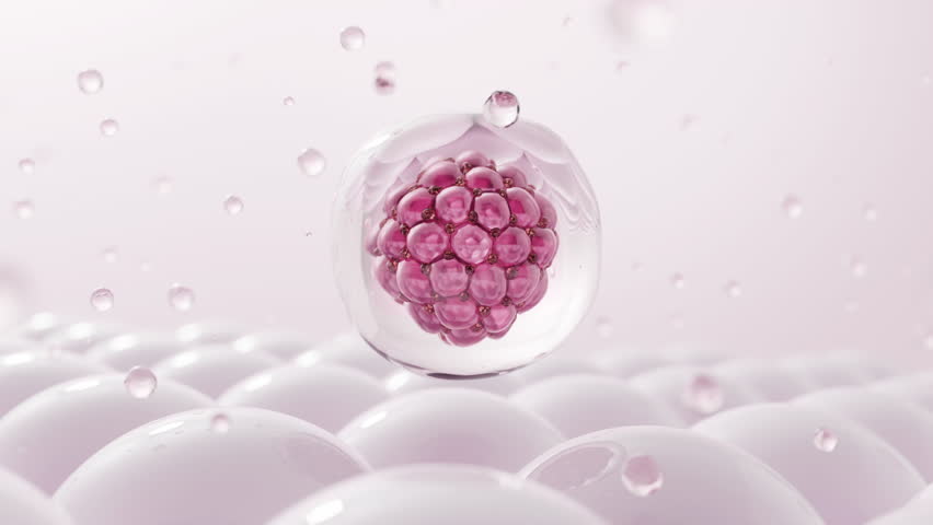 Stem cell, exosome, or PDRN molecules floating above skin cells for cosmetic science and regeneration concept. Pink conceptual 3d animation footage.