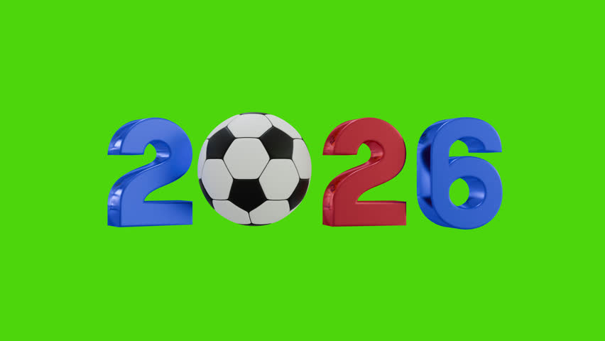 3D text animation of a black and white soccer ball (football) and the year of 2026. For opening graphic, title card, or countdown element for a sports event, most likely the 2026 soccer tournament.