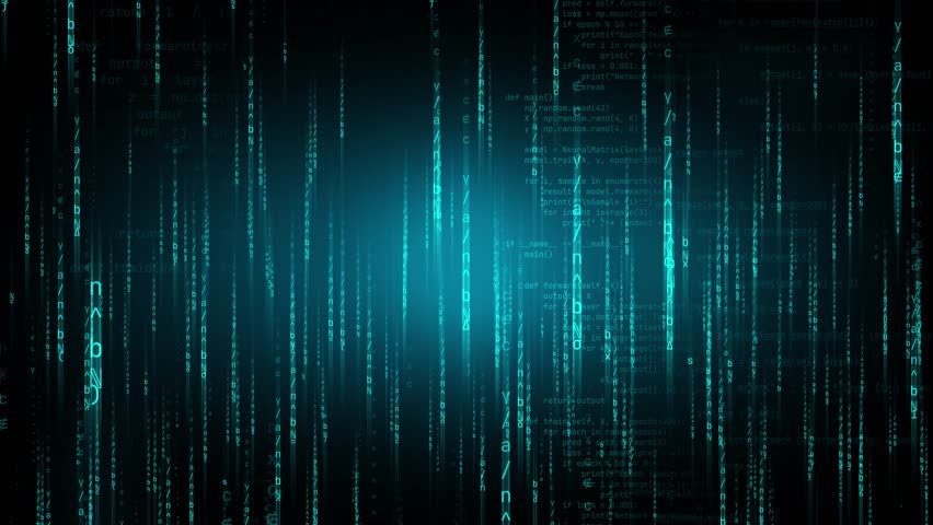 Neon math physics symbol rain with AI code seamless LOOP animated background