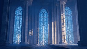 Light rays penetrating ornate cathedral interior, illuminating colorful stained glass windows, casting ethereal shadows on stone columns and silent architectural space - Powered by Shutterstock - Get 15% off with code: PIKWIZARD15