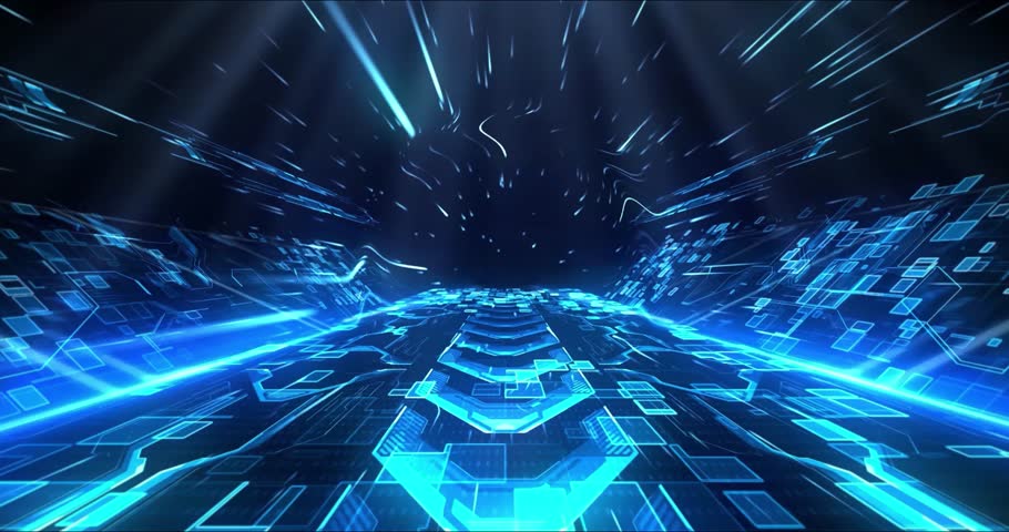 Futuristic Cyber Tunnel Countdown Number Five Opener with Neon Blue Digital Matrix and Hi-Tech Flow Background