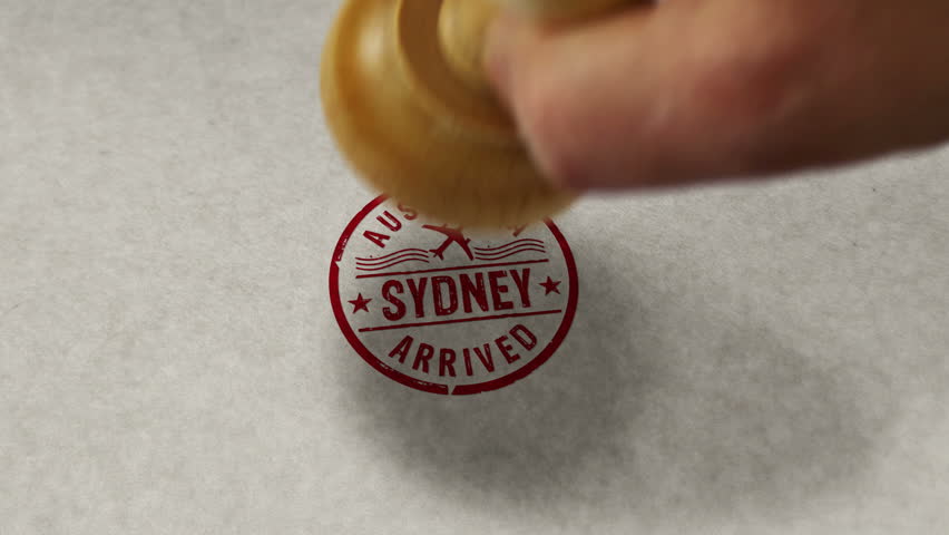 Sydney arrived stamp loopable and seamless animation. Hand stamping impact. Australia flight arrival 3D loop concept.