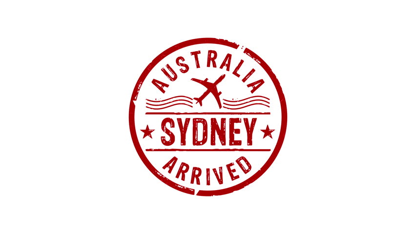 Sydney arrived stamp and hand stamping impact isolated animation. Australia flight arrival 3D concept. Alpha matte channel.
