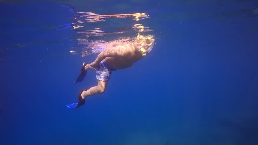 Boy in a mask and fins swims on the surface of blue water and dives into the depths to the rocky bottom, then floats to the surface
