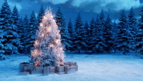 Magical decorated Christmas tree with glowing lights and presents standing in winter forest. Snowflakes gently falling during calm, blue night creating festive and serene holiday. 4K 3d animation Loop - Powered by Shutterstock - Get 15% off with code: PIKWIZARD15